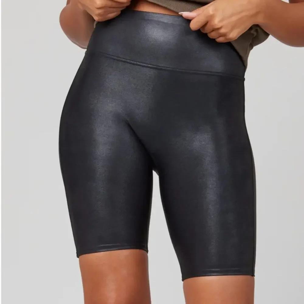Spanx‎ Black Faux Leather Metallic Mid Rise Bike Shorts Size M